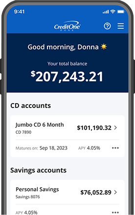 Credit One Bank Mobile App showing a CD balance